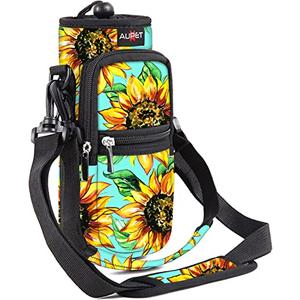 Water Bottle Sling Bag Sleeve Holder Carrier 25/32/40/64 oz ,Insulated Crossbody Water Bottle Case Cover with Strap and Pockets for Men/Women Walking Hiking Camping (25oz, Sunflower Green background)