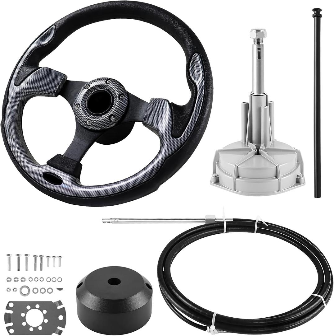 Boats Steering System, 14ft Cable Outboard Steering Kit 3/4" Standard Tapered Shaft, Boat Steering System for Yachts, Fishing Boats and Other Watercraft - with Steering Wheel