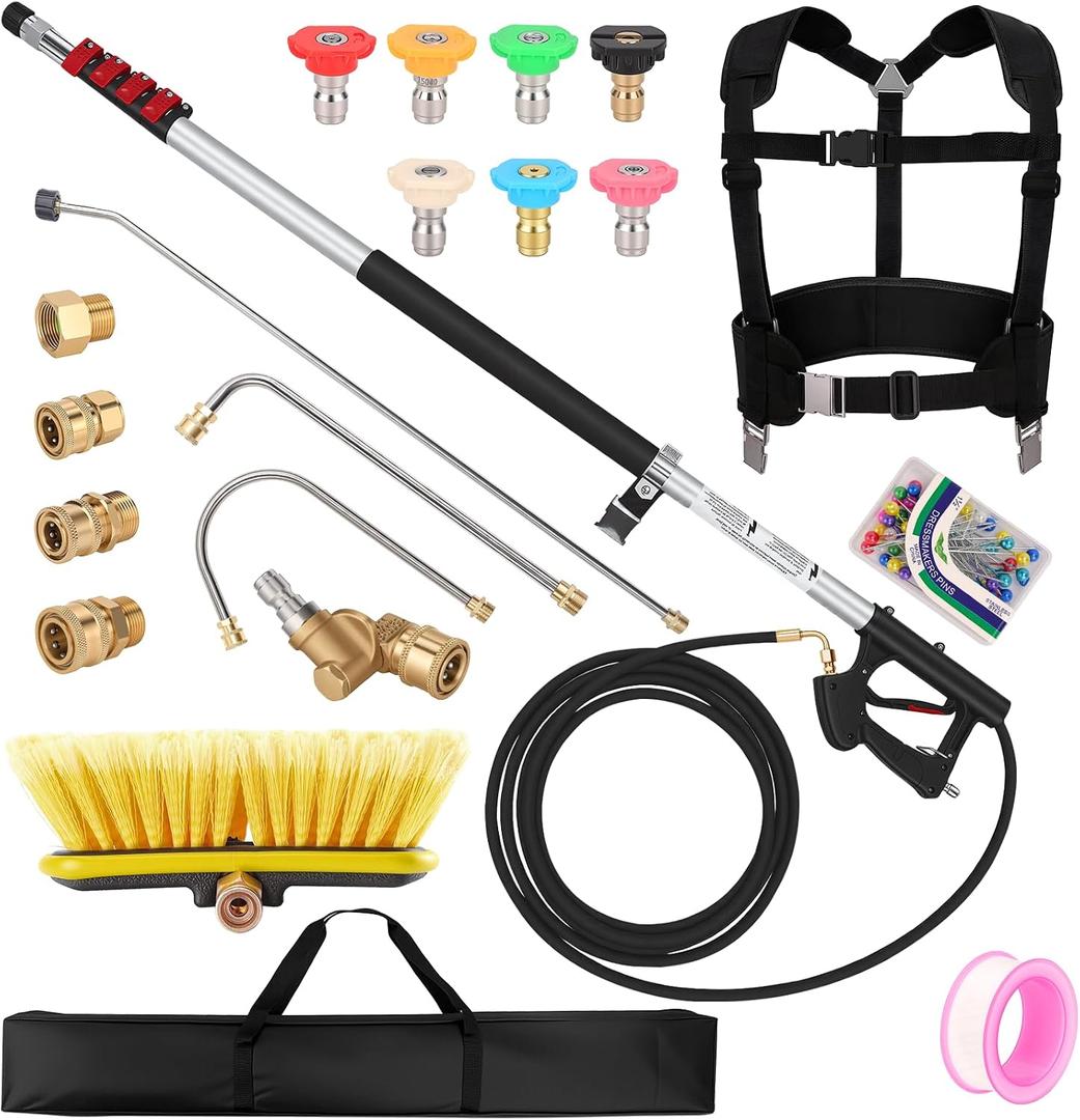 FIDISP Telescoping Pressure Washer Wand 24 FT, Gutter Cleaning Tool with Brush, Power Washer Extension Wand, Pivoting Coupling, 7 Nozzle Tips, 4 Adapters, Upgraded Support Belt for Gutter Window Wall