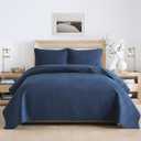 Cotton King Quilt Bedding Sets, 3 Pieces Reversible Lightweight Coverlets Comforters Bedspreads for All Seasons, Geometric Stitching Pattern, Navy Blue