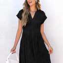 ANRABESS Womens Summer V Neck Cap Sleeve Tunic Short Dress 2025 Casual Fit Textured A-line Beach Vacation Sundress Black Large (Black, L)