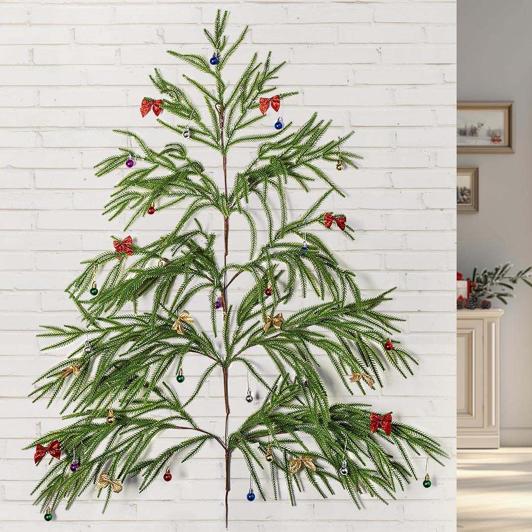 Watayo 1 Set 4 Ft Wall Christmas Tree with Balls and Bows, Wall Hanging Norfolk Pine Tree, Greenery Wall Mounted Xmas Trees Decor for Home Office Window Room Christmas Holiday Party Decoration