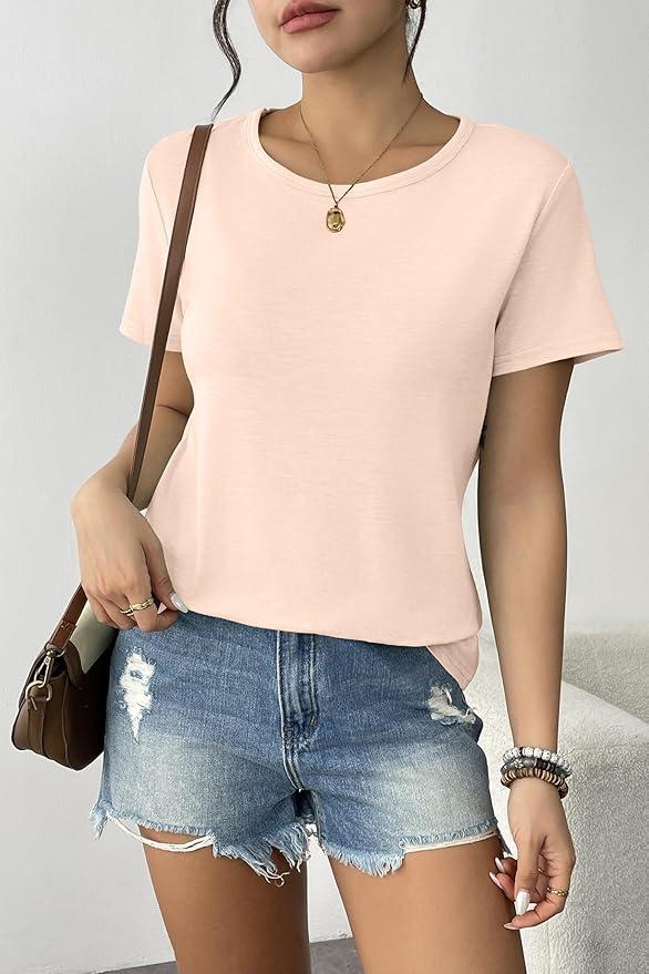 Womens 2 Pack T Shirts Basic Short Sleeve Tees Crewneck Fashion Tops Loose (Large, Cream+white)