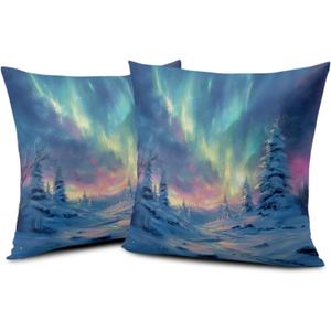 Winter Pillow Covers 18x18 Set of 2 Aurora Borealis Pillowcase Colorful Northern Lights Throw Pillow Covers Snowy Pine Forest Cushion Case for Living Room Couch Sofa