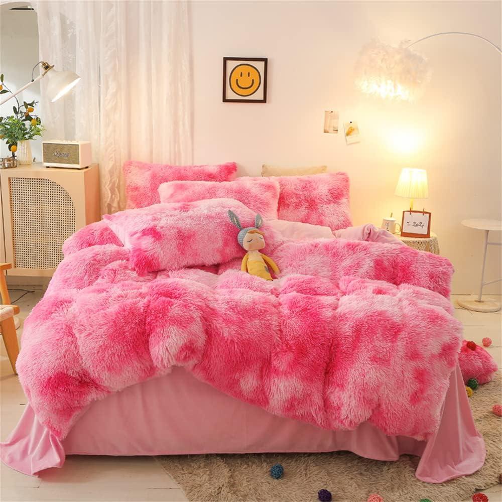 Faux Fur Plush Comforter Set King Size - Pink White Fluffy Fuzzy Shaggy Bedding Set - 3PC Microfiber Soft Warm Quilt Set