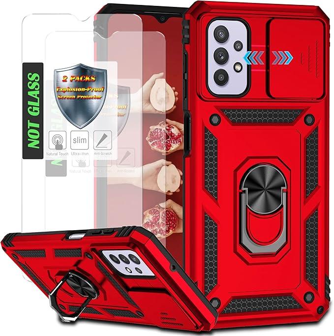 AYMECL for Galaxy A32 5G Case,with Slide Camera Cover & [2 Packs] Explosion-Proof Film, Built-in 360 Rotate Ring Stand Magnetic Cover Case for Galaxy A32 5G 6.5 inch- Red