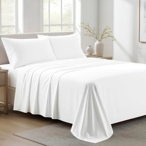Ashton Sheets 100% Organic Cotton Sheets Queen Size - 4 PC Organic Cotton Queen Size Percale Weave Sheet Set, Soft, Cooling, Crisp & Breathable, 16" Deep Pocket Hotel Quality Bedding Set - White