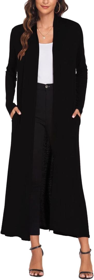 Bluetime Women Floor Length Open Front Cardigan Lightweight Long Sleeve Maxi Duster with Pockets (Large, Black)