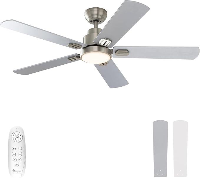 warmiplanet 52 Inch Indoor Ceiling Fans with Lights and Remote Control, 6 Speeds Slient Reversible DC Motor, 3 Color Dimmable LED Light, Timer, Brushed Nickel, 5 Blades