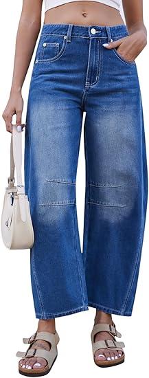  GREAIDEA Mid Rise Barrel Jeans for Women Wide Leg Mid Waist Cropped Denim Pants Y2k Baggy Boyfriend Jeans with Pockets, Large, Light Blue Stretch 