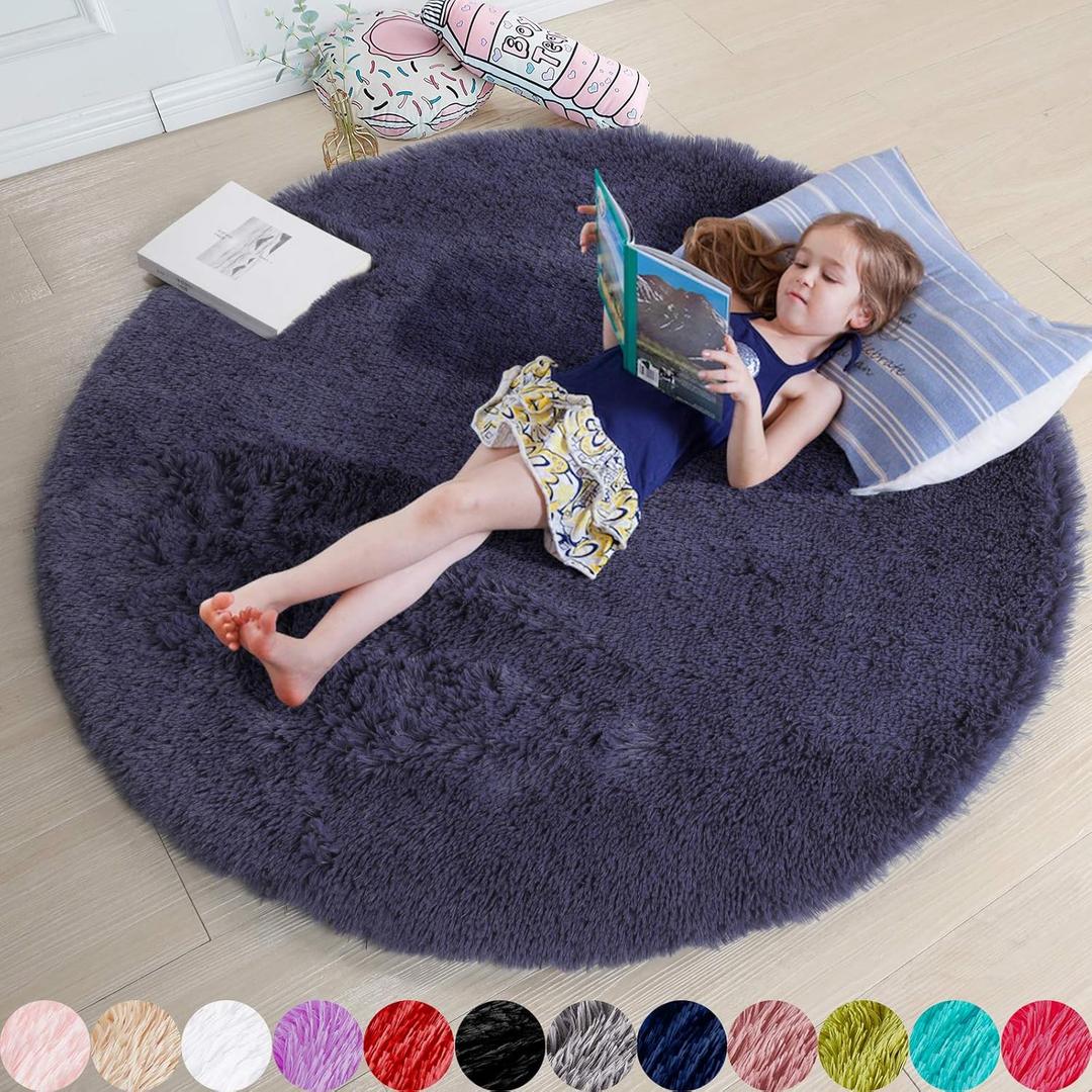 Purple Gray Round Rugs 5Ft for Bedroom Decor Aesthetic, Fluffy Fuzzy Circle Area Rug for Teen Boys, Baby Kids Playroom, Shaggy Fur Carpet for Living Room, Home Office, Nursery, Preppy Dorm, Classroom