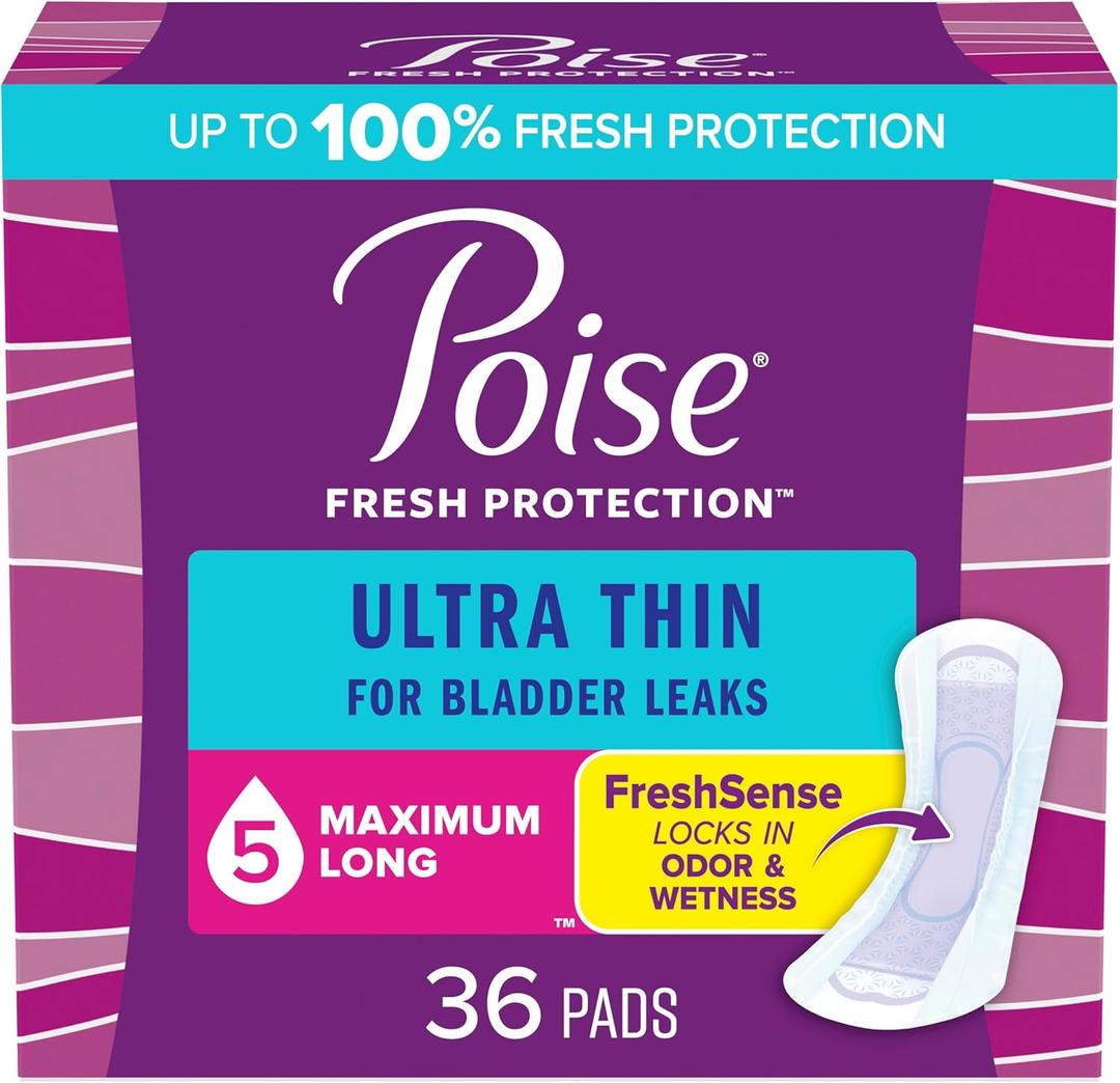 Poise Ultra Thin Incontinence Pads & Postpartum Incontinence Pads, 5 Drop Maximum Absorbency, Long Length, 36 Count