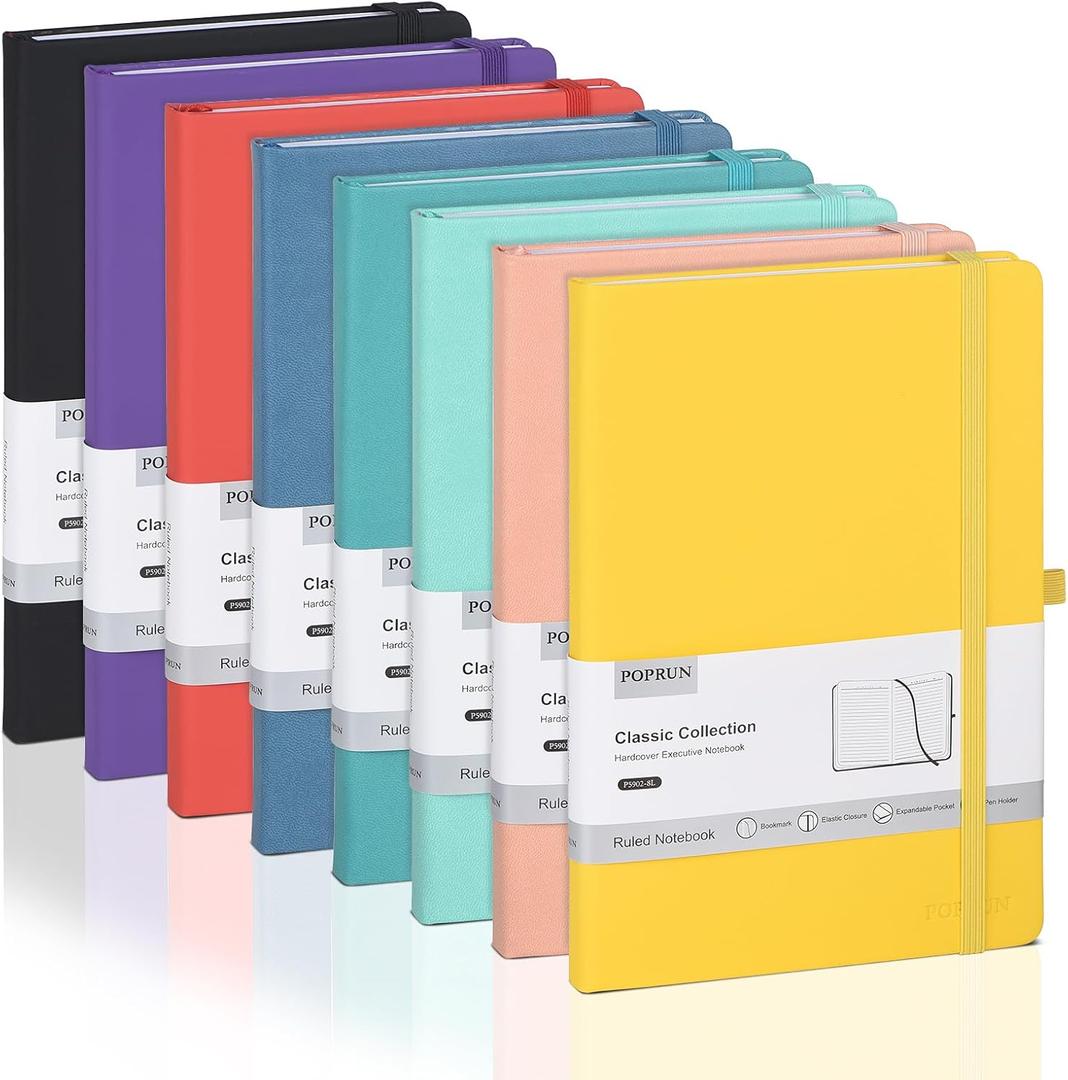 POPRUN A5 Lined Journal Notebooks, 8 Pack Leather Hardcover Thick Notebook for Writing, Business Work, Travel, School, College, 5.5 x 8.3 inch, 240 Pages Classic Ruled Journals Notepad, Multicolored (Black,Purple,Red,Yellow,Green,Pink,Blue,Turquoise)
