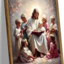 Jesus With Children Wall Art Jesus Teaching Kids print painting poster Christian Kids Room Canvas Wall Decor Picture for Living Room Bedroom Prayer Room Ready To Hang Wooden Framed