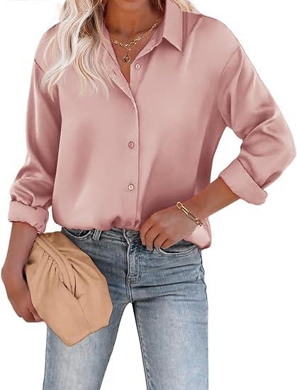 Chigant Women's Blouse Satin Silk Shirts Button Down Shirts Casual Loose Long Sleeve Office Work Tunic Tops , M