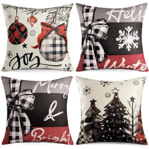 CASAJOY Christmas Pillow Covers 18×18 Inch Set of 4, Christmas Trees Winter Holiday Throw Pillow Covers Decorations for Sofa Couch (Red and Black)