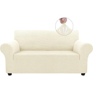 Asnomy Sofa Covers for 2 Cushion Couch Stretch loveseat Covers Slipcovers, Pet Protector Furniture Covers for Dogs Cats Spandex Jacquard Fabric Small Checks （Medium，Off-White）