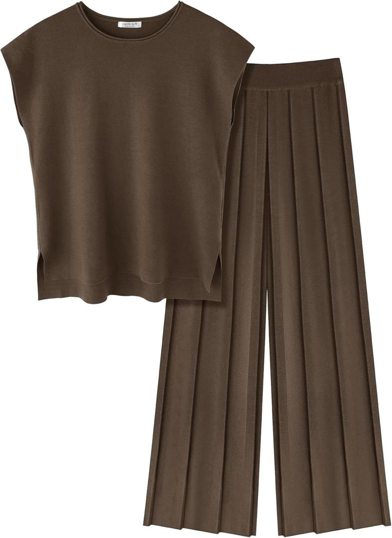 Ekouaer Lounge Sets for Women Two Piece Outfits Knit Cap Sleeve Tops Wide Leg Pleated Pants Casual Dressy Sweater Sets (X-Large, Dark Brown)