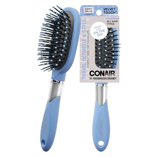 Conair Velvet Touch oval cushion hair brush - Travel Hairbrush- Detangling - ideal for curly or straight styles - detangler brushes - women or men - Sky Blue