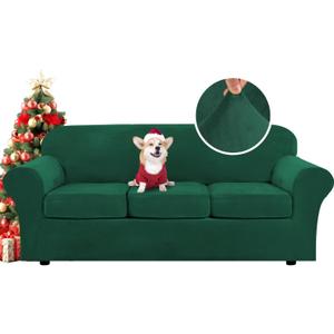 H.VERSAILTEX Modern Velvet Plush 4 Piece High Stretch Sofa Slipcover Sofa Cover Furniture Protector Form Fit Thick Velvet Sofa Cover for 3 Cushion Couch Width Up to 90 Inch (Sofa,Vintage Green)