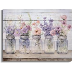 Farmhouse Decor Wall Art Purple Pink Flowers Painting Prints Watercolor Floral Plants Picture Still Life Wall Decor Framed Artwork for Girls Room Bedroom Bathroom Home Office Decoration - 18x24 Inch