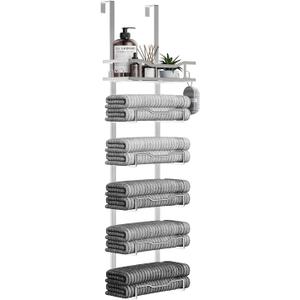 Aetyord Hanging Towel Racks for Bathroom No Drill - Over The Door 6-Tier Bath Towel Storage Organizer for Small Bathrooms-Back Door Large Tiered Towel Holder Hanger for Rolled Towels RV Camper Silver