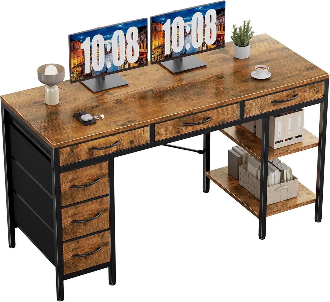 Sweetcrispy 55" Computer Desk with 6 Drawers, Home Office Gaming Desks with Storage Shelves for Bedroom, Writing Study Corner Living Room Work Table Rustic Brown