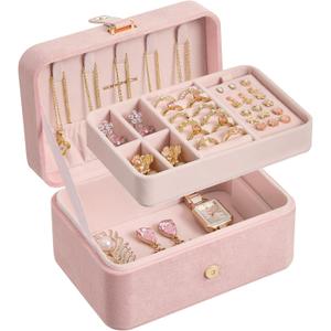 SONGMICS Jewelry Organizer Box, Travel Jewelry Case, 2-Layer Travel Case for Earrings, Necklaces, Bracelets - Portable Jewelry Storage with Large Capacity, Gift Idea, Jelly Pink UJBC166R02