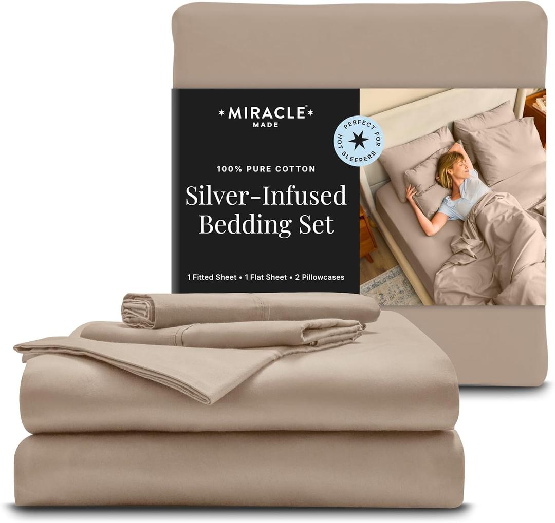 Miracle Made Breathable Cotton Bed Sheets, 4-Piece Set  Silver-Treated, Soft and Cool-to-the-Touch Lightweight Bedding Designed for Hot Sleepers  Queen Size, Sand