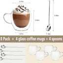 DINGPAl 4 Pack 8oz Double Wall Glass Coffee Mugs,Heat-resistant Borosilicate Glass Mug Cappuccino Espresso Tea Latte Cup with Handle,4 Spoons for Stirring Beverages in Bar,Cafe,or at Home
