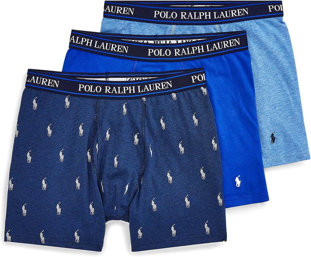 POLO Men's Stretch Classic Fit Boxer Briefs, 3-Pack (Large, Royal Heather/Blue Heather White /Blue - 3 Pack)