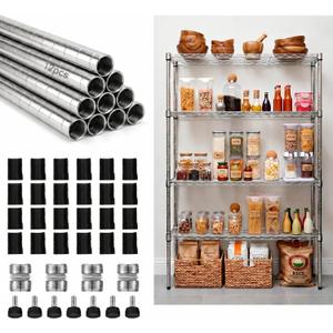 Thyle Set of 4 Wire Shelving Poles Including 12 Pcs 18'' Poles and 50 Pcs Shelf Clips, Heavy Duty Chrome Commercial Wire Shelving Parts for 1" Post Shelf Rack Accessories Replacement(54")