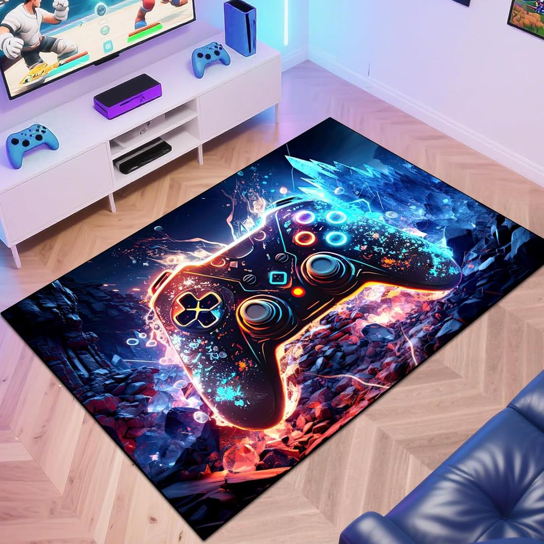 Gaming Area Rug Teen Boys Carpet, Colorful Gamepad Background Game Controller Design for Game Room, Boys Girls Bedroom Playroom, Living Room (Crystal Cave, 63" x 47") (3'11" x 5'3" (Rectangular))