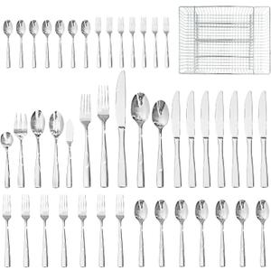 HIKAA 45-Piece Silverware Set with Organizer, Heavy Duty Stainless Steel Flatware for 8, Cutlery Utensil Sets with Serving Utensils, Mirror Polished, Dishwasher Safe