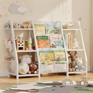 Kids Bookshelf Large Storage Bookcase: 3-Tier White Book Sling Shelf Toy Organizer for Toddler - Display Rack with 3 Pockets for Kids Rooms, Bedroom, Playroom, Nursery (Wood + Metal) (38.4"W x 29.9"H)