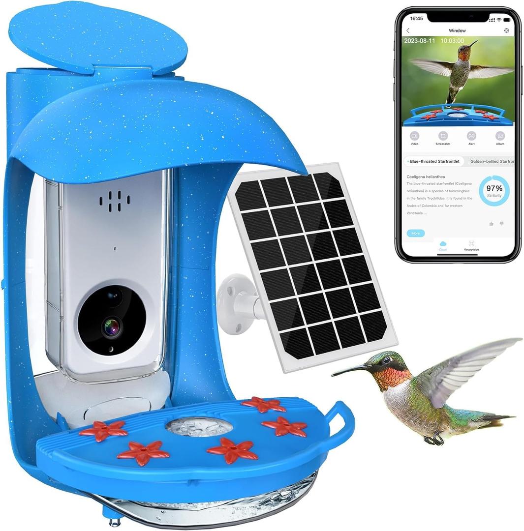 Birdock Smart Hummingbird Feeder with Camera Solar Panel, Watching Camera Instant Notifications, AI Identify Auto Capture Bird Videos & Motion Detection(Blue)