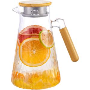 Glass Pitcher, 60 oz 1.8 Liter Glass Water Pitcher with Lid,Hand Blown Iced Tea Pitcher for Fridge,for Juice, Coffee, Milk, Cold or Hot Beverages, Heat Resistant