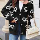 Astylish Womens Open Front Knit Cardigan Sweaters Button Down Bow Printed Outwear Coat with Pockets (M)