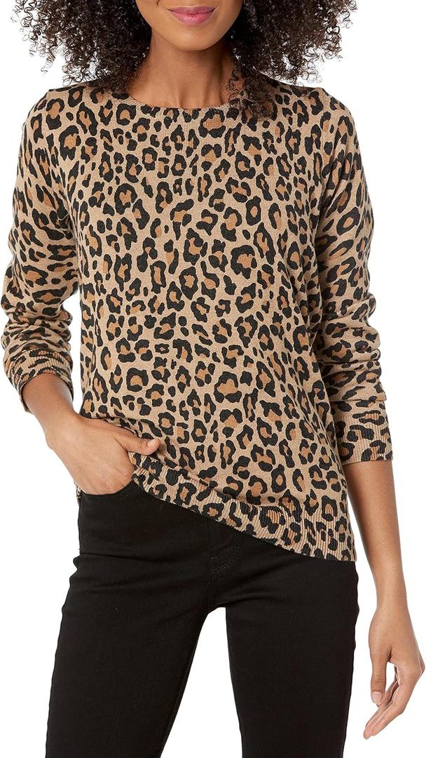 Amazon Essentials Women's Long-Sleeve Lightweight Crewneck Sweater (Available in Plus Size) (Camel Cheetah, Small)