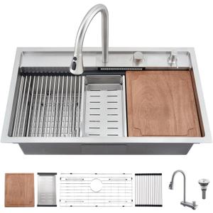 33 Inch Undermount Waterfall Kitchen Sink, 33x19 Undermount Kitchen Sink Stainless Steel Kitchen Sink with Faucet 16 Gauge Single Bowl Multifunctional Kitchen Sink (Brushed Nickel)