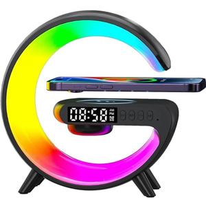 VDZZ Mini Wireless Speaker with Bluetooth Lamp, Atmosphere Lamp, Wireless Charging, Alarm Clock,Smart LED Table Lamp, Night Light, Birthday Gifts for Girls Boys Party Aged 4-12 (Black)