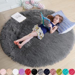 Grey Round Rugs 4Ft for Living Room Bedroom, Fluffy Fuzzy Shag Shaggy Circle Area Rug for Kids Room Home Office Decor Aesthetic, Furry Soft Plush Indoor Floor Gray Carpet for Baby Nursery Preppy Dorm