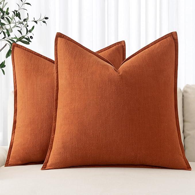 MIULEE Decorative Linen Pillow Covers 18x18 Inch Burnt Orange ​Boho Farmhouse​ ​Neutral Couch Throw Pillows for Bed Pack of 2 Accent Modern Pillowcase Summer Sofa Livingroom Home Decor