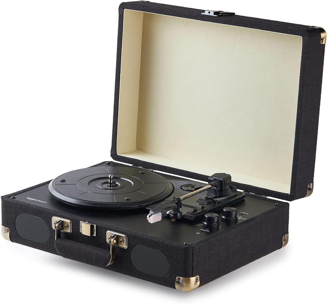 Amazon Basics Portable Suitcase Vinyl Turntable Record Player with Built-in Stereo Speakers, Belt Drive, 3-Speed, Bluetooth Playback, Black