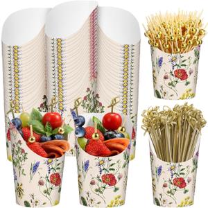 Potchen 250 Pcs Wildflower Charcuterie Cups with Sticks 14 oz 50 Sets Disposable Vintage Flower Snack Appetizer Cups with 200 Cocktail Picks French Fry Holder for Wedding Bridal Party Decorations