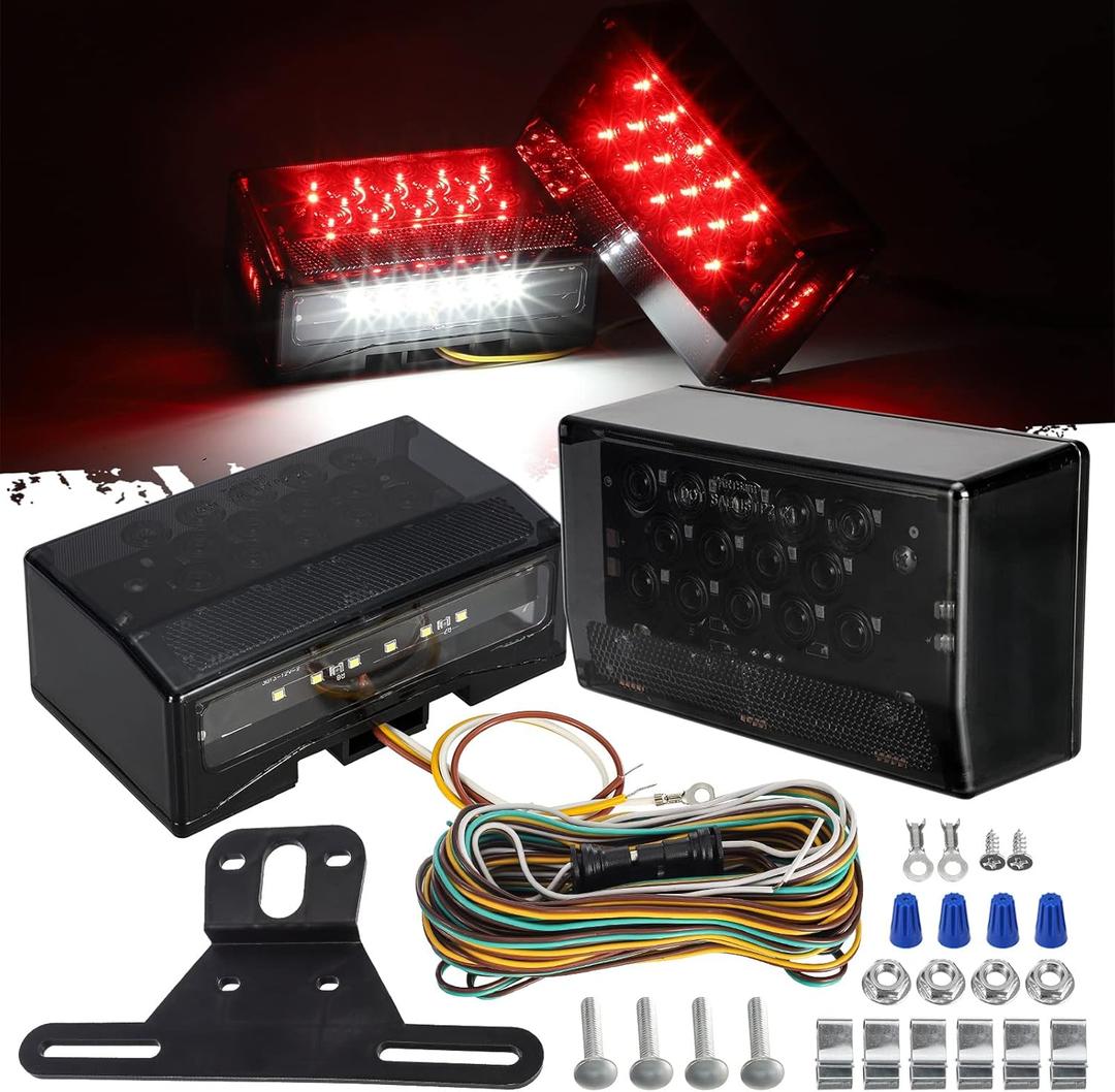 Partsam 12V LED Rectangular Trailer Light Kit, Sealed Rectangle IP68 Waterproof Truck Marine Boat Trailer Stop Turn Tail License Plate Brake Running Lights w 25ft Wiring Harness & Bracket