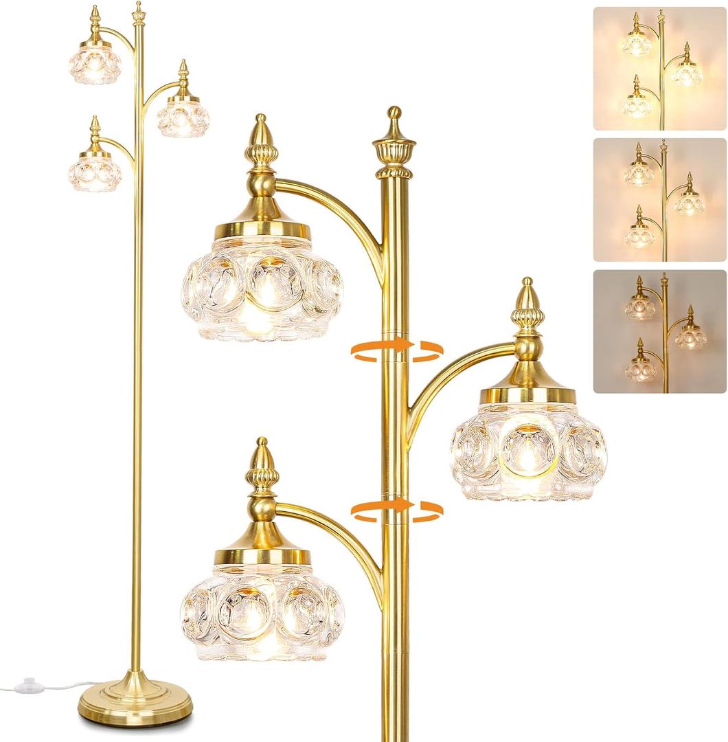 Gold Floor Lamp, Dimmable Tree Floor Lamps for Living Room Brass Tall Standing Lamp with 3 Rotatable Lights Glass Shade 66.5'' Modern Corner Lamp for Bedroom Office(3LED Bulbs Included)