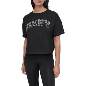DKNY womens Rhinestone Logo Short Sleeve Cropped Loose Fit T-shirt (Large, Black/White/Silver)