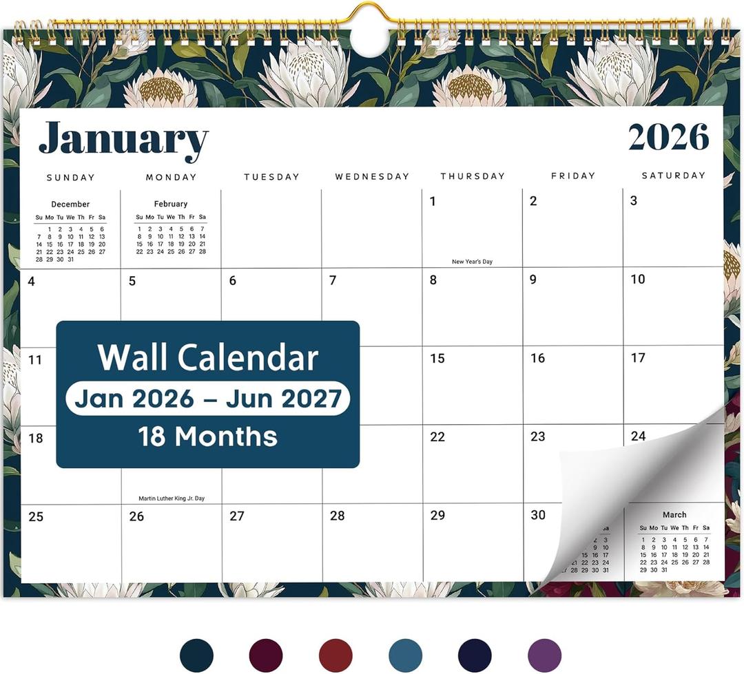 4 x Calendar 2026-2027, 18-Month Wall Calendar from Jan 2026 to Jun 2027, 11.5" x 14.7", Spiral Binding Hanging Monthly Calendar with Twin-Wire Binding, Perfect for Home or Office - Floral Luxe