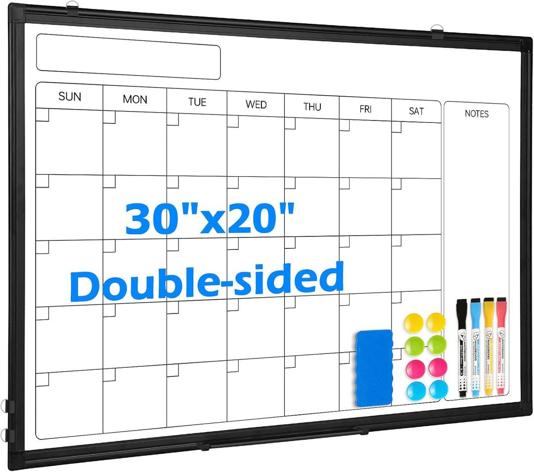 Whiteboard Calendar 30x20 Monthly Magnetic Dry Erase Board, Black